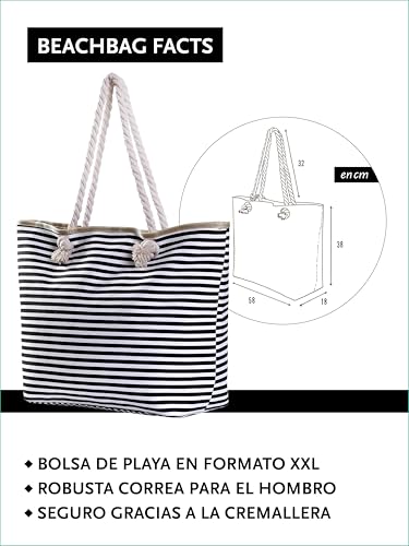 Detalle de Bolso de playa grande con cremallera DonDon — diseño a rayas negro y blanco