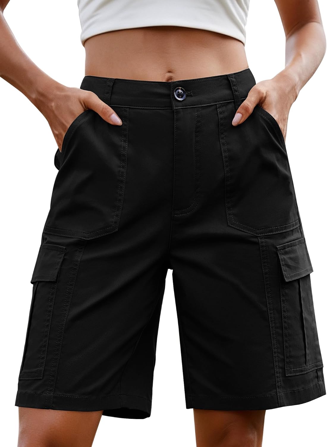 Thumbnail 6 de StylSense Damen Cargo Jeans Shorts mit hohem Bund – Baumwolle & Elasthan, 6 Taschen