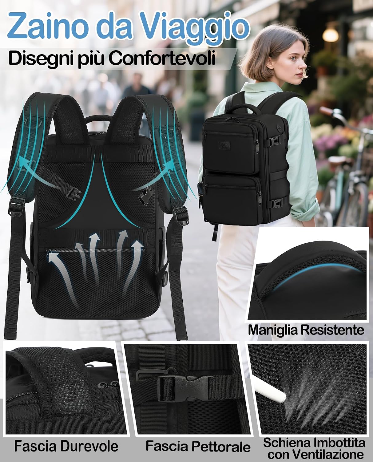 Detalle de LYNXCHER Zaino Ryanair 40x30x20 Bagaglio a Mano 24L, Nero