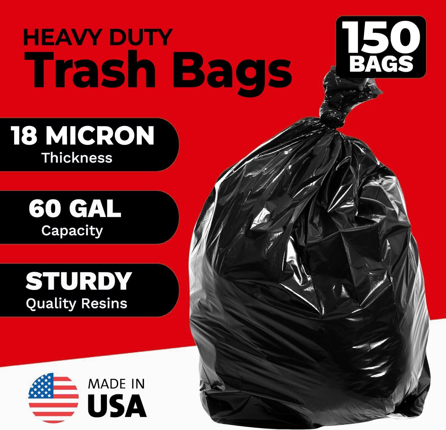 Detalle de ToughBag 55-60 Gallon Heavy Duty Trash Bags, 150 Count (Black) - Made in USA