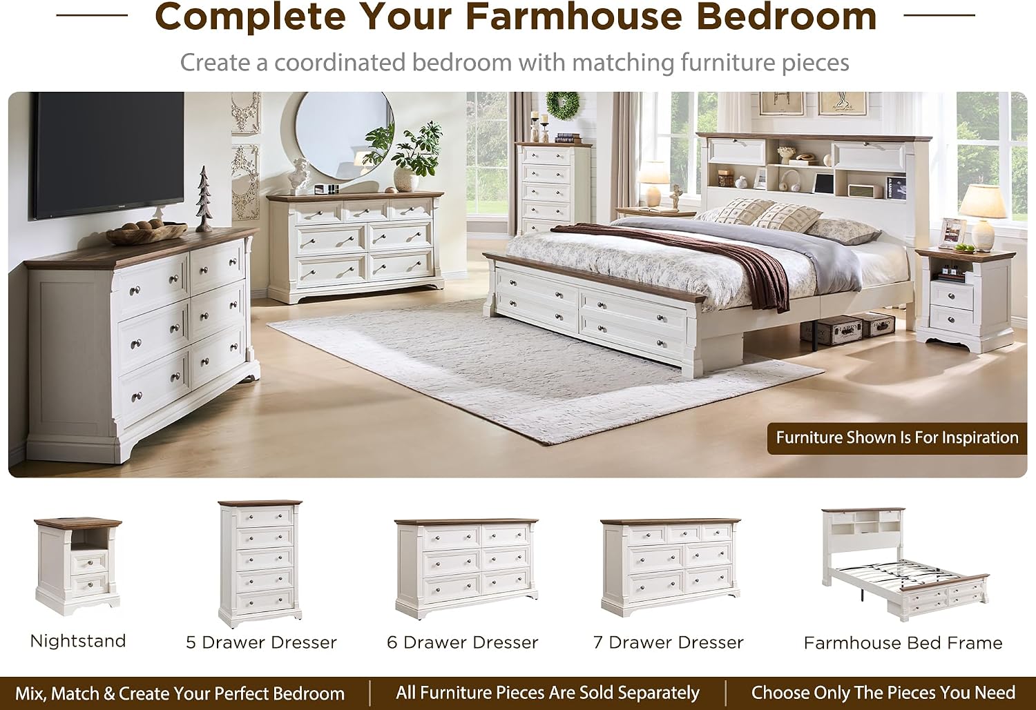 Detalle 2 de T4TREAM RPC6SDRDS-ROWAW Farmhouse 6-Drawer Dresser, 54-Inch Antique White