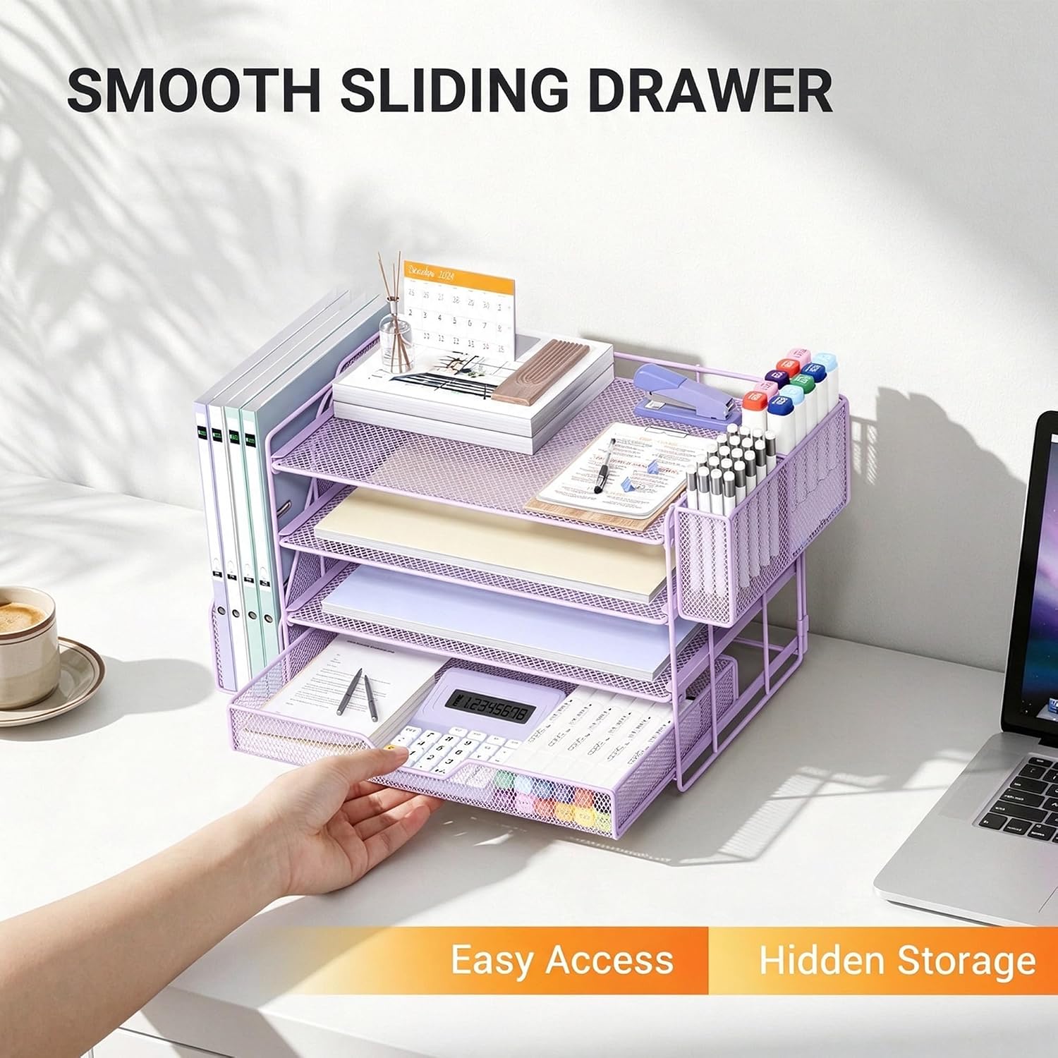 Detalle de Gugsey Desk File Organizer: Purple Metal Organizer with Drawer and Pen Holder