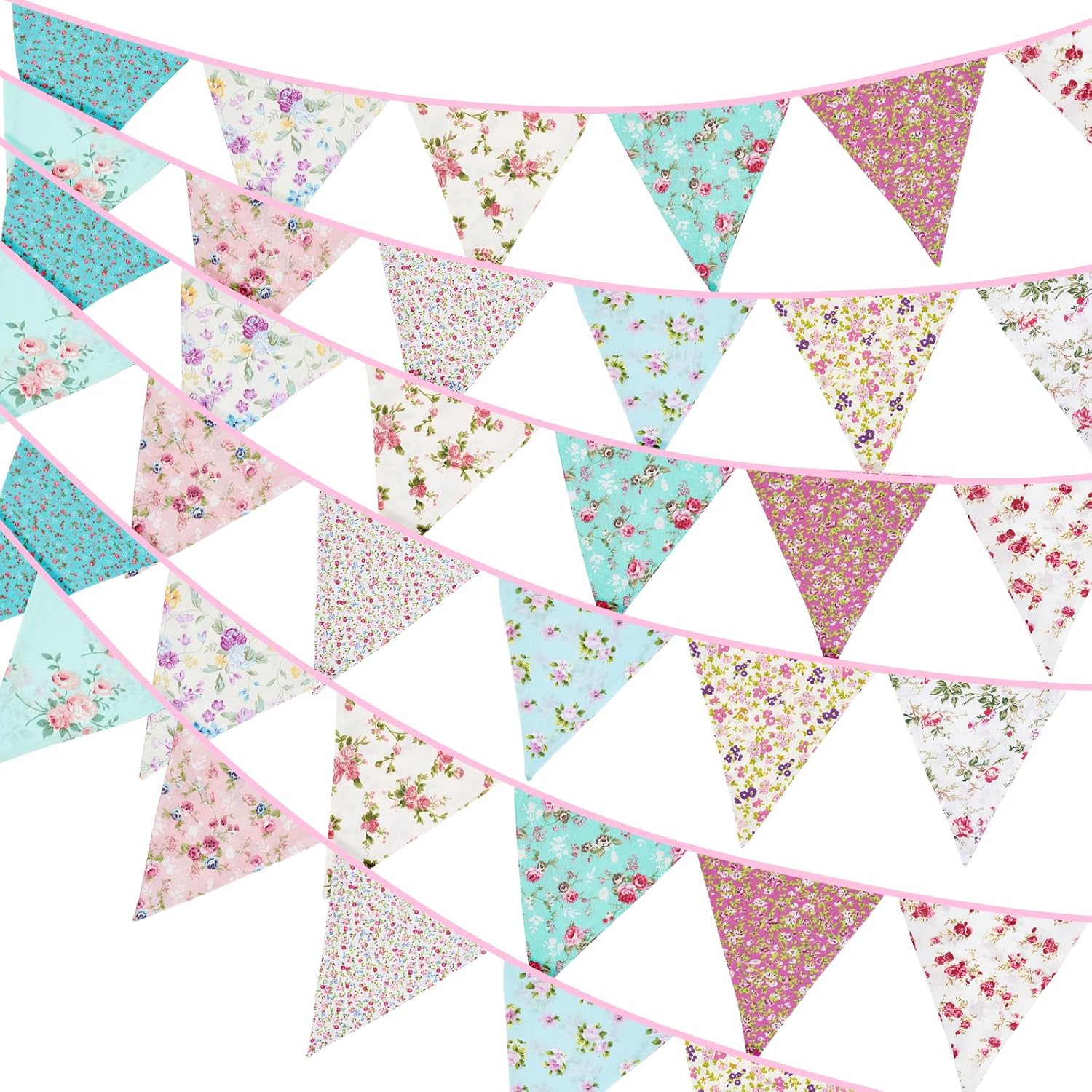 G2PLUS Süße Beidseitig Wimpel Girlande – 10 m Stoffgirlande mit 36 bunten Wimpeln (Blau/Rosa) für Hochzeit & Feier