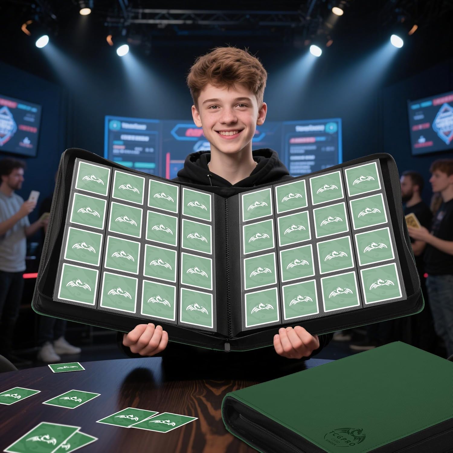Thumbnail 6 de TCGPRO Sammelkarten-Album für bis zu 1.024 Karten (TCG Binder) mit 16 Kartenfächern pro Seite – Dunkelgrün