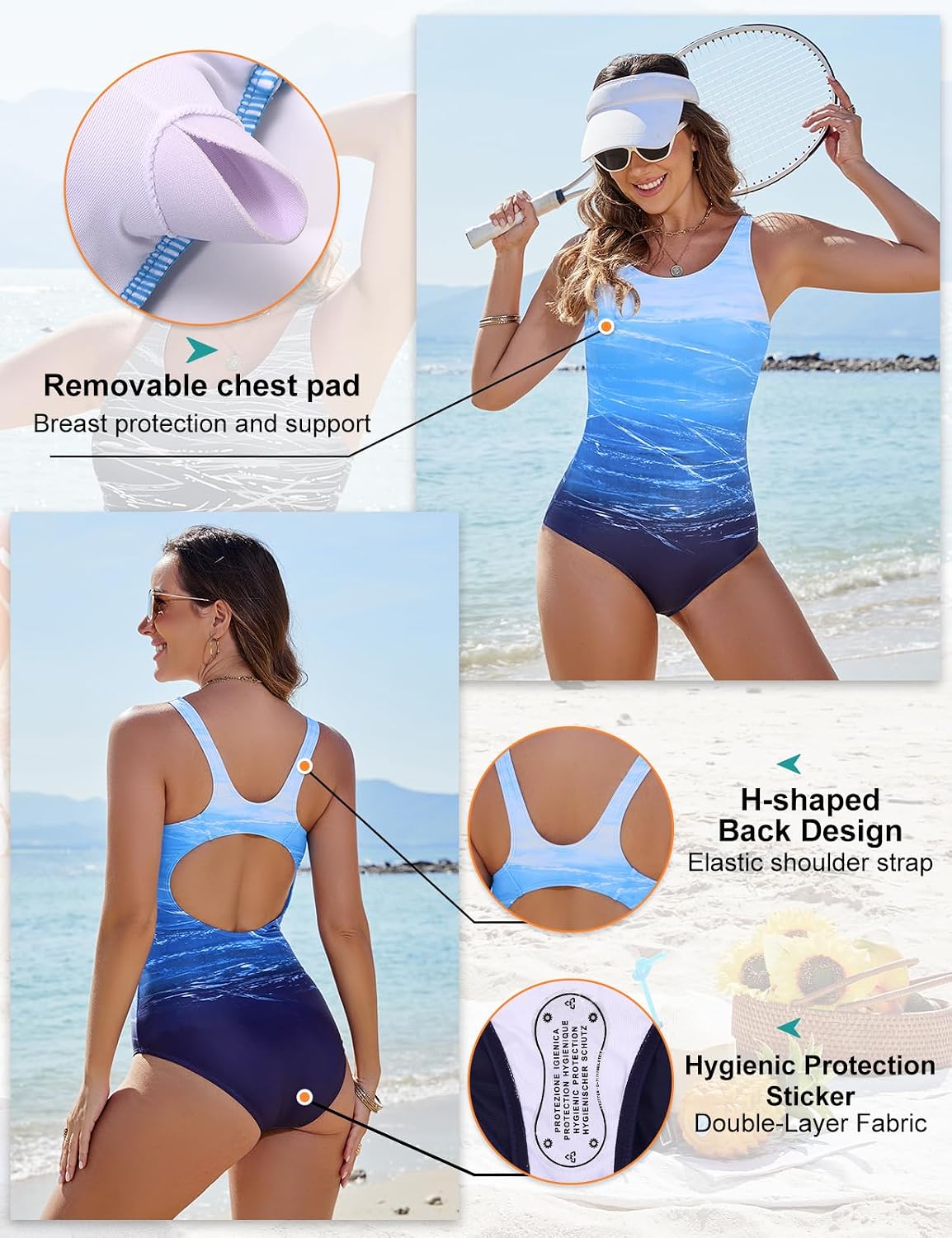 Detalle de Yuson Costume da Bagno Intero Donna Sportivo con Copertura e Imbottitura Rimovibile