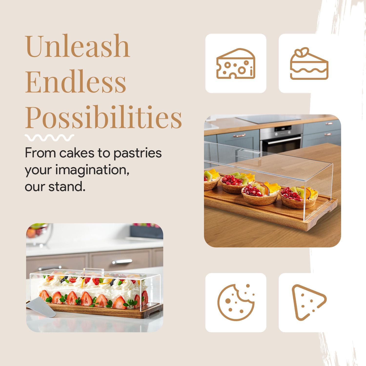 Thumbnail 4 de HOMESPHERE Cake Display with Lid (Acacia Wood Dessert Stand) with Acrylic Cover, Large Rectangle Tray Platter
