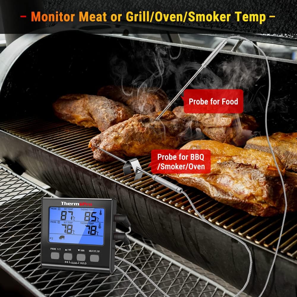 Thumbnail 1 de ThermoPro Fleischthermometer Digital – Grill-Thermometer mit zwei Edelstahlsonden und blau beleuchteter Anzeige