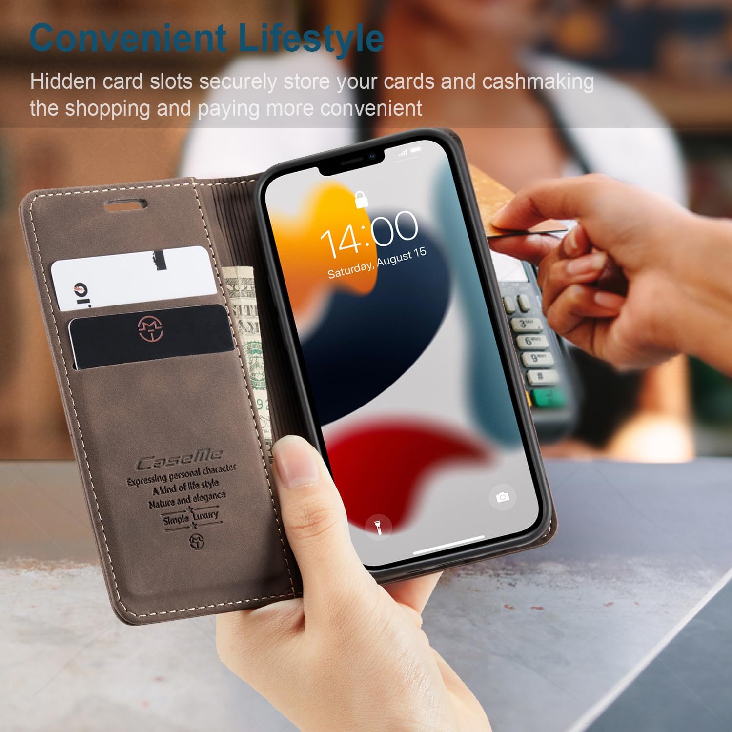 Detalle de Cracedily iPhone 13 Mini Flip Wallet Case with Card Slots and Kickstand