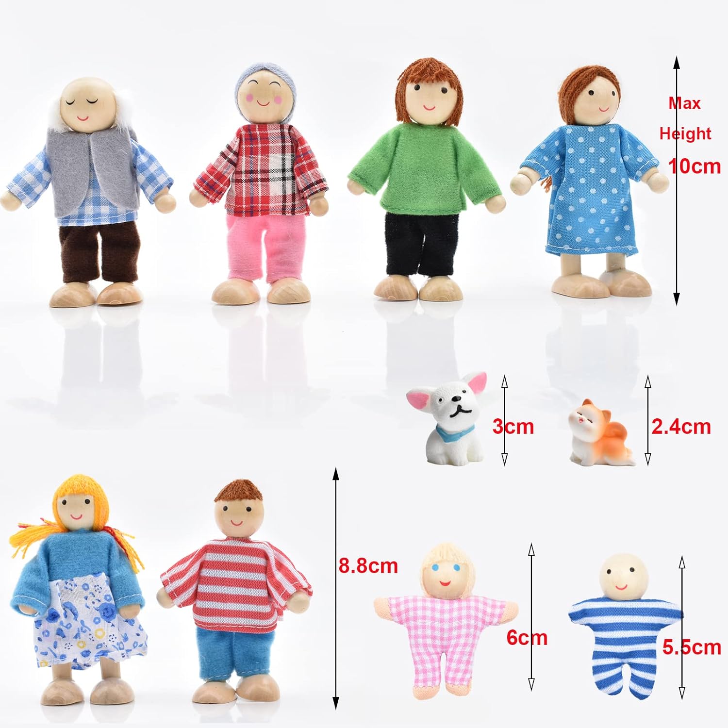Detalle de Wooden Dollhouse People Family Set with Cat and Dog – posable family figures for pretend dollhouse scenes