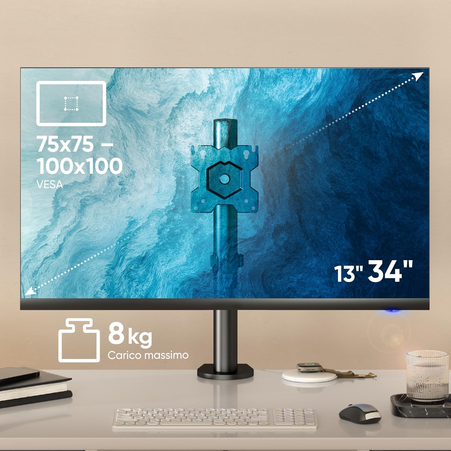 Detalle de ONKRON Supporto monitor da scrivania D101E-B, braccio 13"–34" con carico fino a 8 kg (VESA 75x75/100x100), inclinazione e rotazione