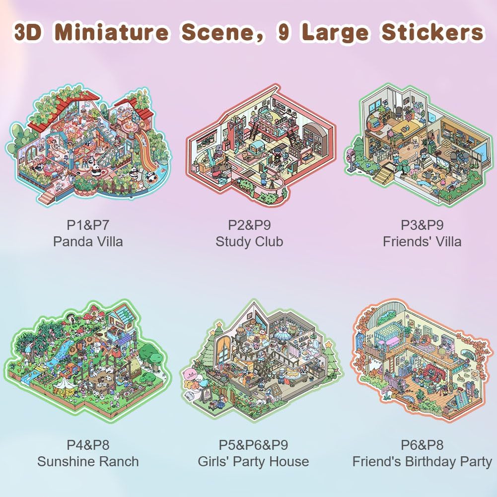 Thumbnail 1 de Vicloon 3D-landschapsstickerset met 6 scènes, herbruikbare PET-stickers en pincet