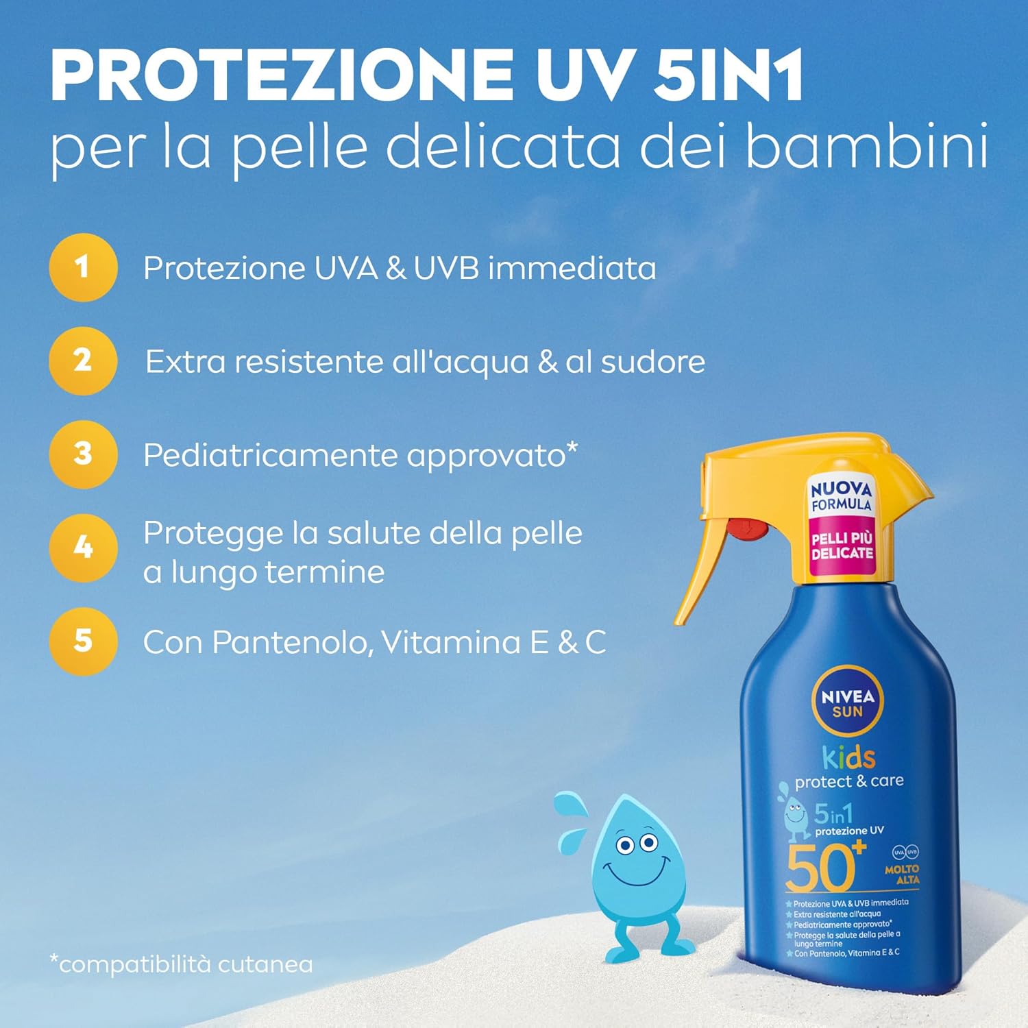 Detalle 2 de NIVEA SUN Kids Maxi Spray Protect & Care SPF 50+ 270 ml: protezione solare affidabile per bambini dalla pelle sensibile