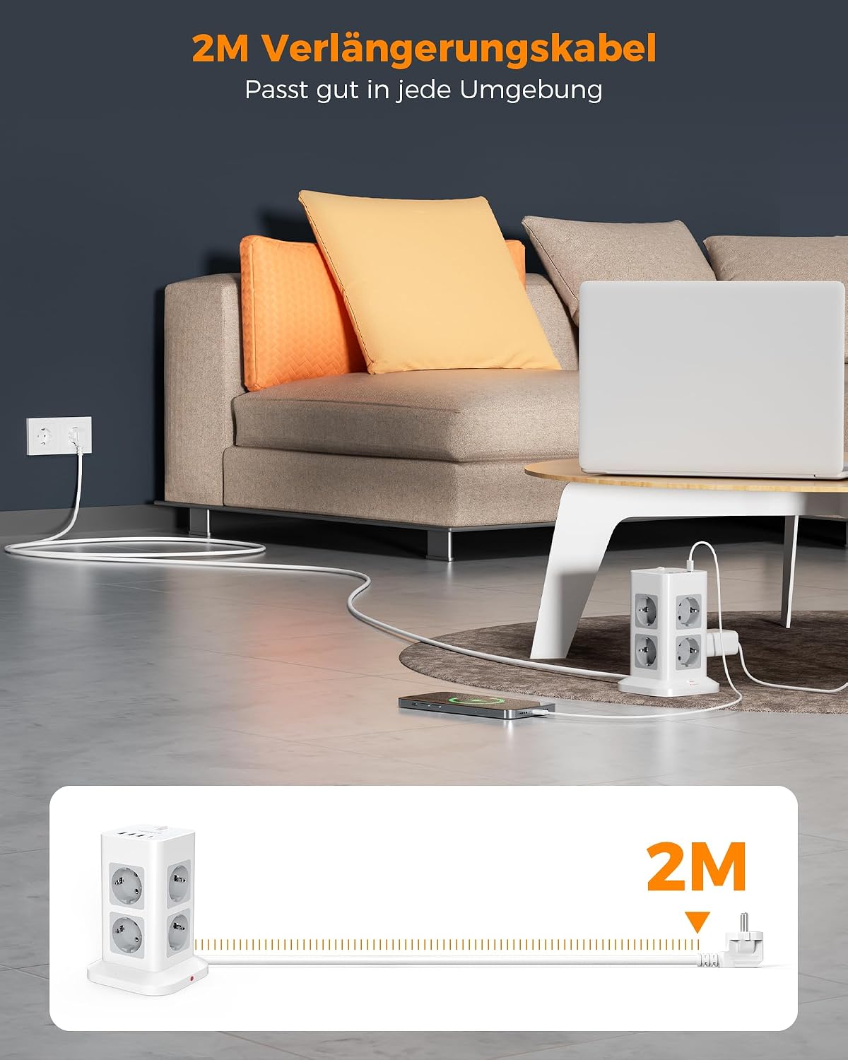 Detalle de TESSAN grenuttag med 8 eluttag, 4 USB-portar och 2 m sladd