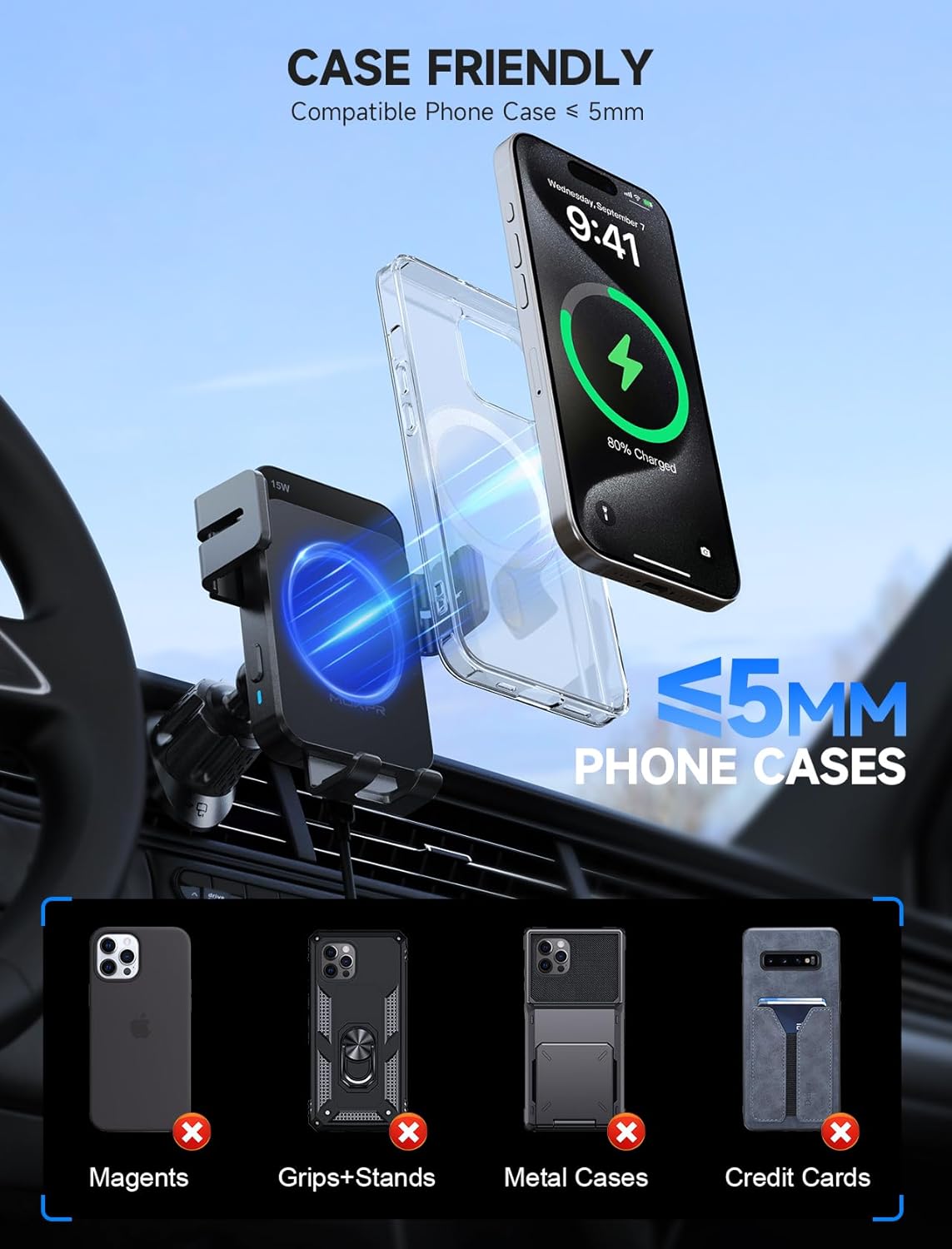 Thumbnail 4 de MOKPR Car Phone Holder Wireless Charger (15W) with Auto-Clamping and Vent/Dash/Windshield Mount, Deep Grey