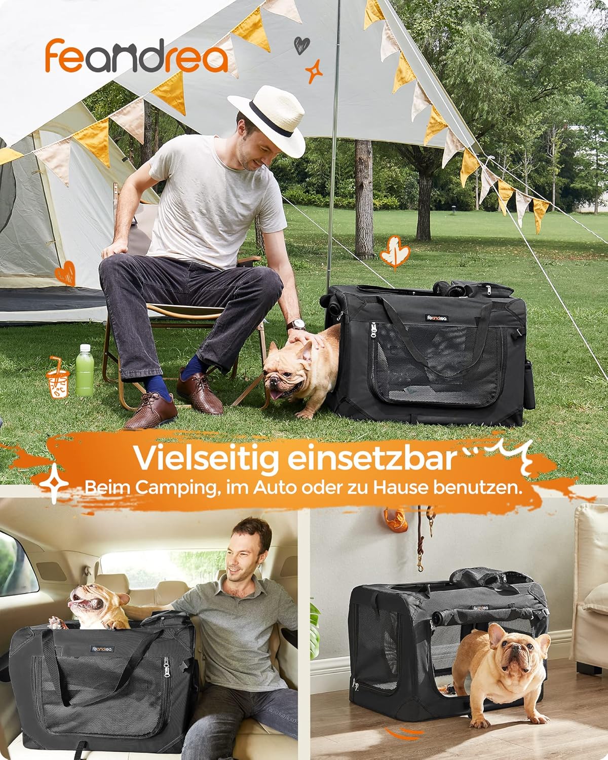 Detalle de Feandrea Hundebox faltbar, Transportbox Hund, 60 x 42 x 42 cm, Oxford-Gewebe, Netzstoff, Metallrahmen – robust, tragbar und faltbar