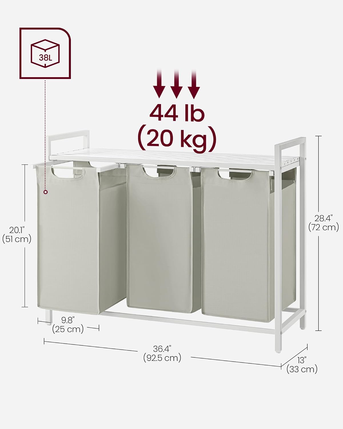 Thumbnail 6 de VASAGLE Brenta BLH301W01 Laundry Sorter 55AA4374, 120 L, 3 Sections