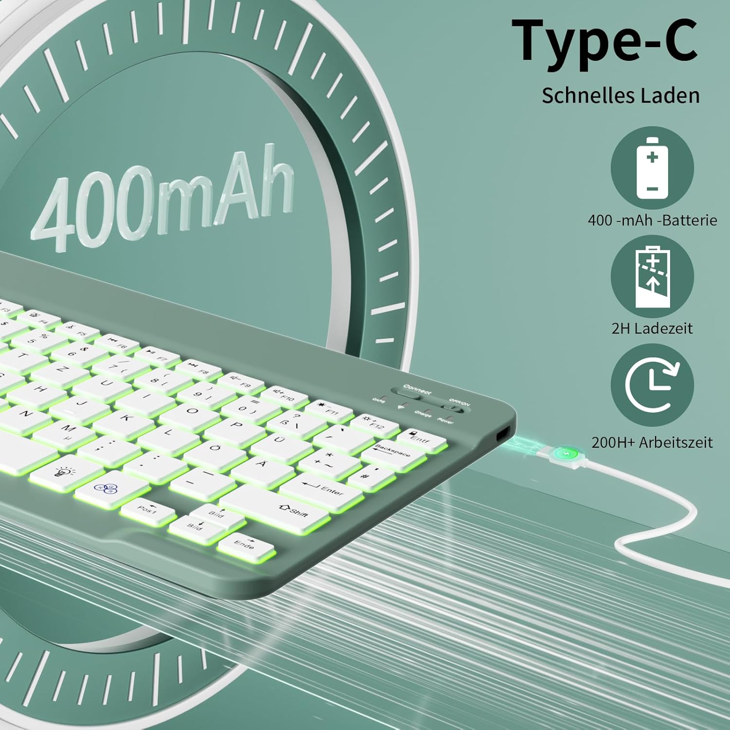 Thumbnail 3 de ZOYU Hülle mit Tastatur für iPad A16 11/10 Generation – Abnehmbare Tastatur, 7-farbige Beleuchtung, Nachtgrün