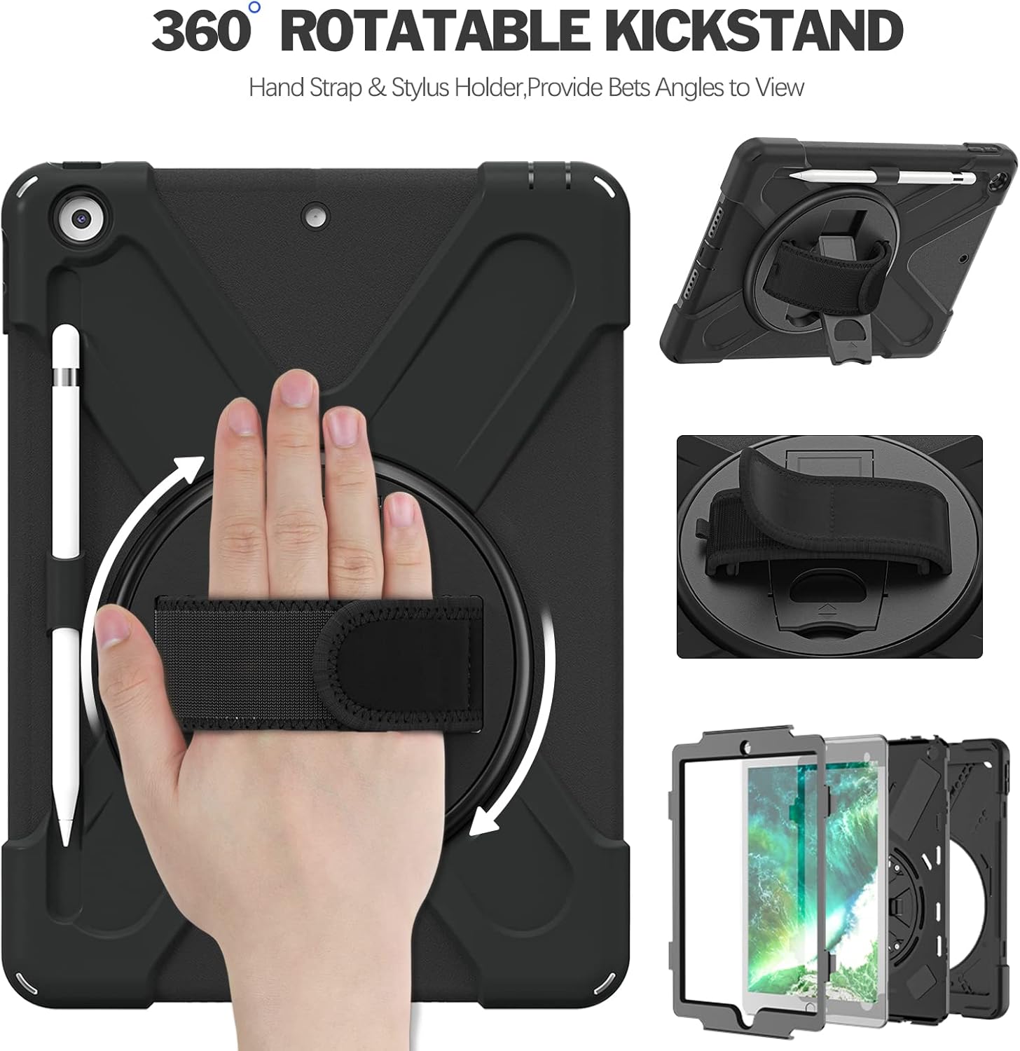 Thumbnail 5 de Gerutek Rugged Case for iPad 6th/5th Gen (9.7 inch, 2017/2018) – Shockproof black with 360 hand strap & stand