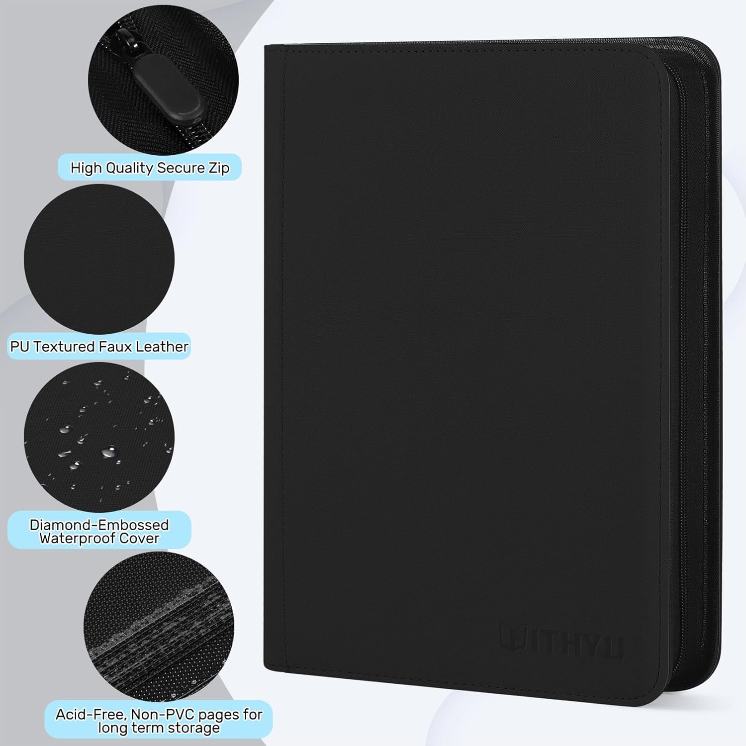 Thumbnail 2 de WITHYU 9 Taschen Sammelalbum für Karten mit 540 Kapazität (Seiteneinschub, Reißverschluss, wasserdicht) – Schwarz
