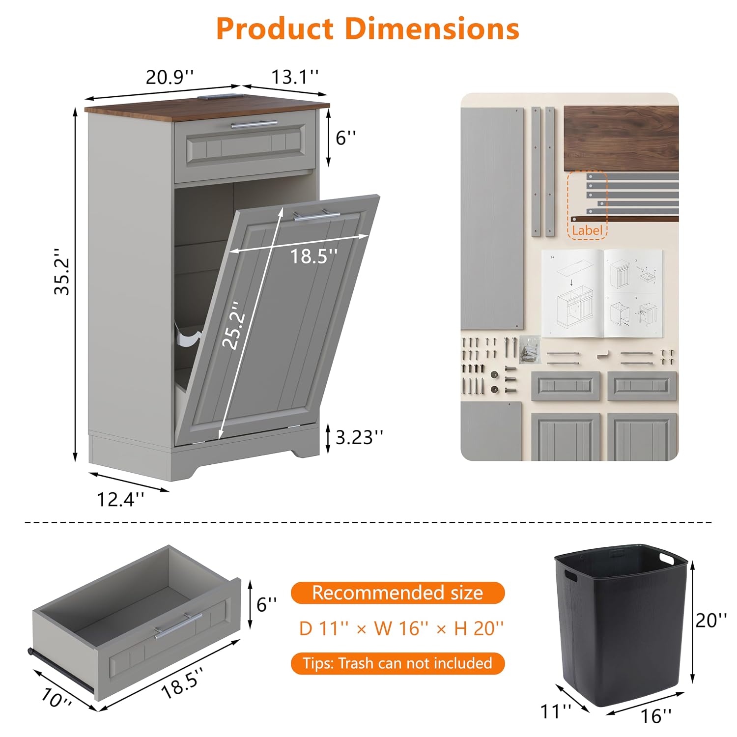 Detalle de jmhdyg 10-Gallon Tilt-Out Trash Can Cabinet with Deodorizing Function, Gray