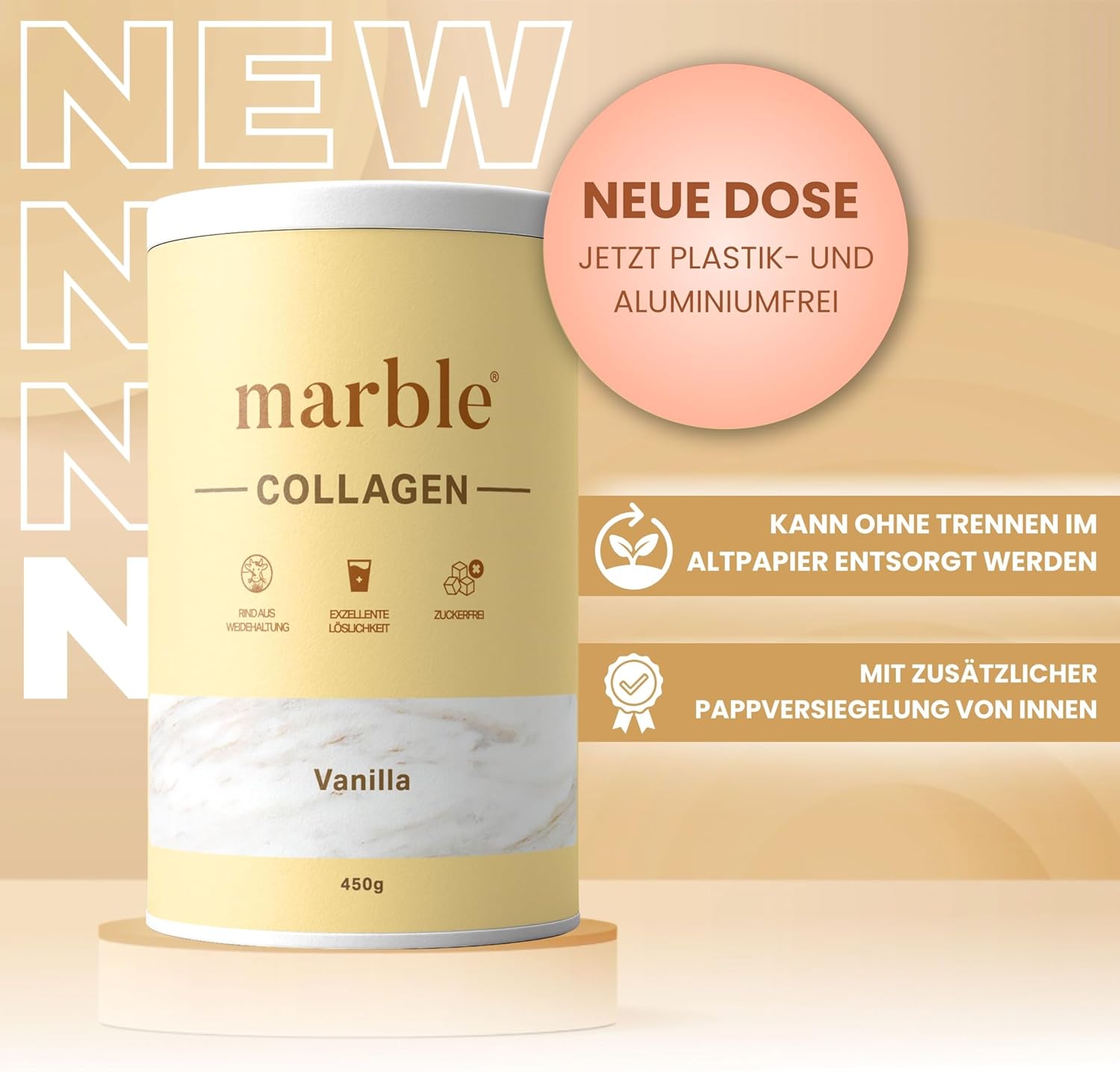 Thumbnail 1 de marble® Collagen Pulver 450 g mit Vanille-Aroma (Collagenpeptide) – praktische Pappdose
