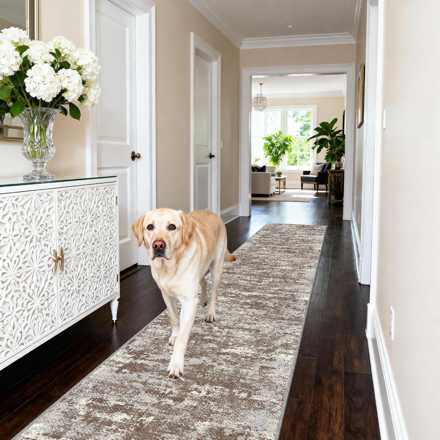 Detalle de TTelephant Nina 2' x 10' Runner Rug, Abstract Brown, Washable with Silicone Backing