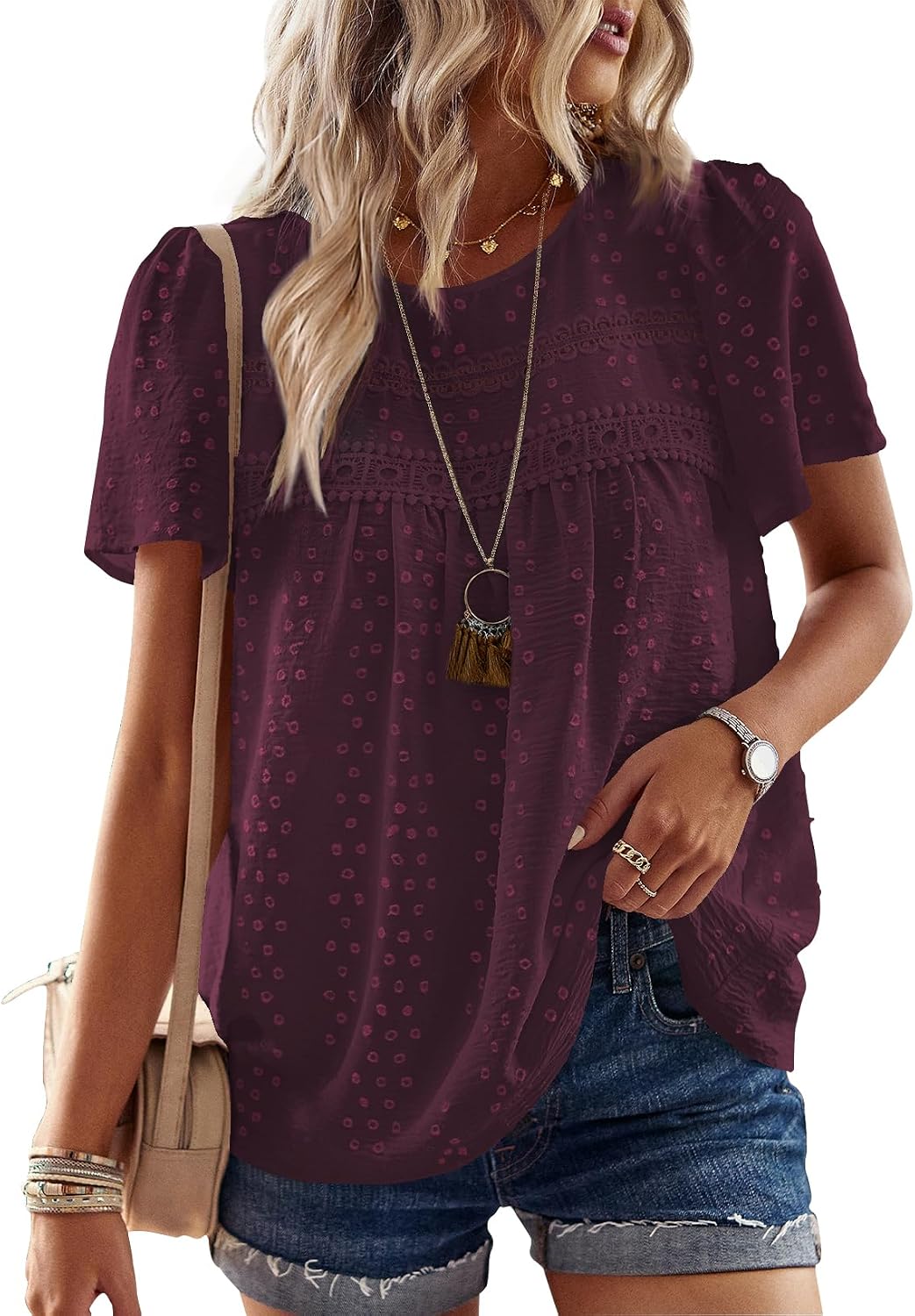 Detalle de Falechay Boho Tops for Women Swiss-Dot Babydoll Blouse, Short Sleeve