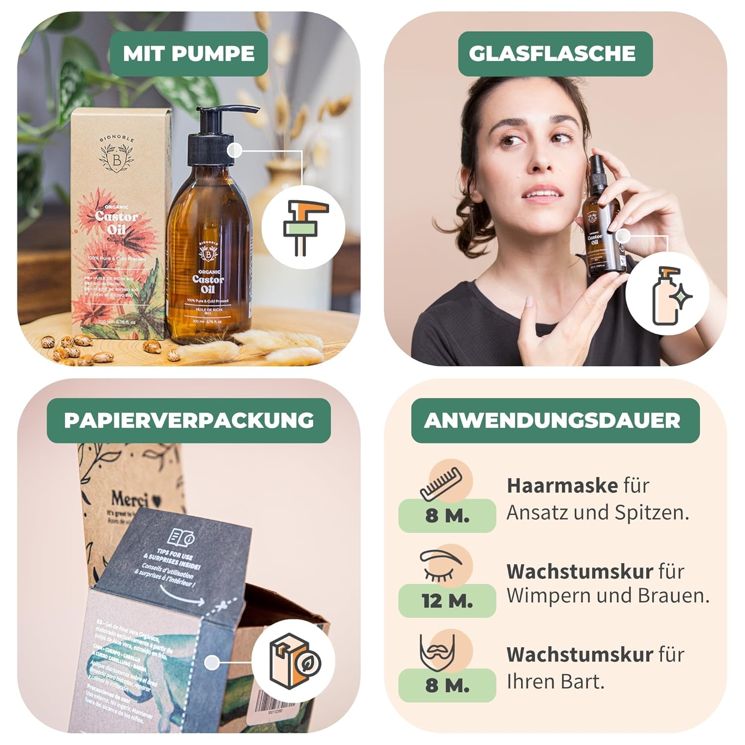 Thumbnail 3 de BIONOBLE Bio Rizinusöl kaltgepresst – 200 ml mit Pumpe, vielseitig einsetzbar für Haare, Wimpern, Augenbrauen, Nägel und Haut