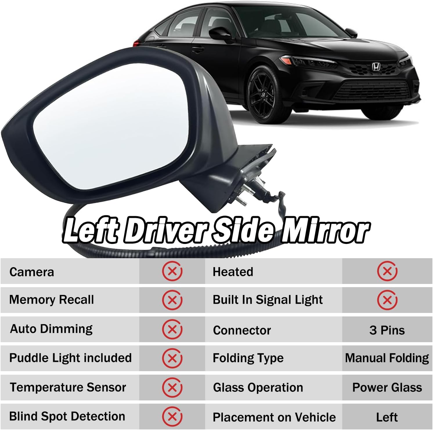 Detalle 2 de Replacement side mirror for Honda Civic