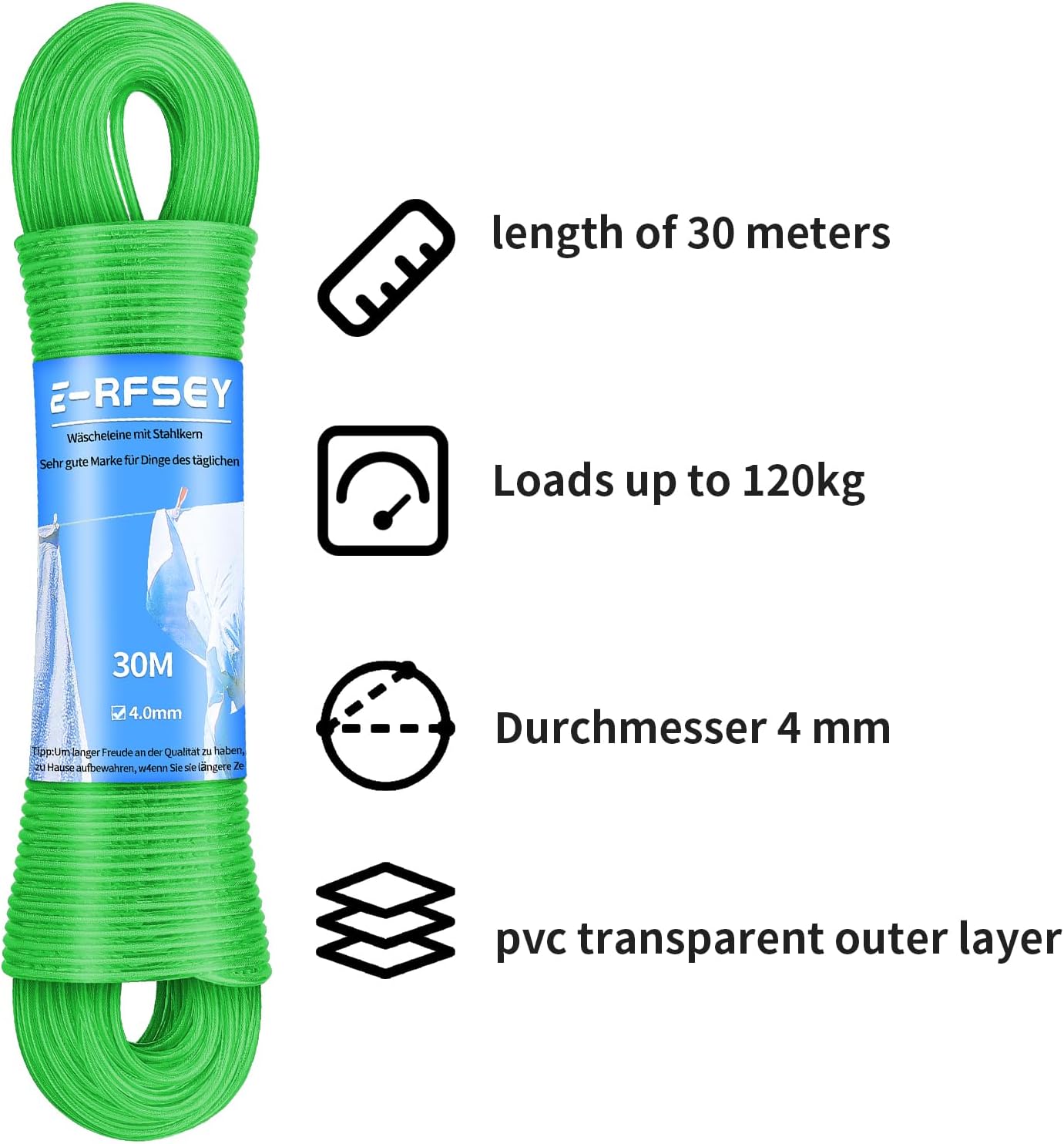 Detalle de E-RFSEY waslijn met stalen kern, 30 m, 4 mm en groene PVC-mantel