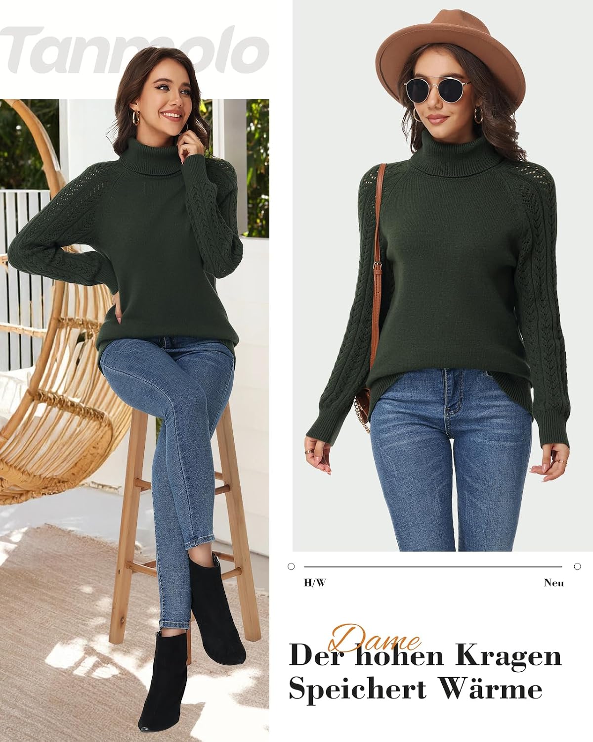 Detalle de Tanmolo Damen Rollkragenpullover mit Lochmuster-Ärmeln – Langarm Strickpullover für Winter & Übergang