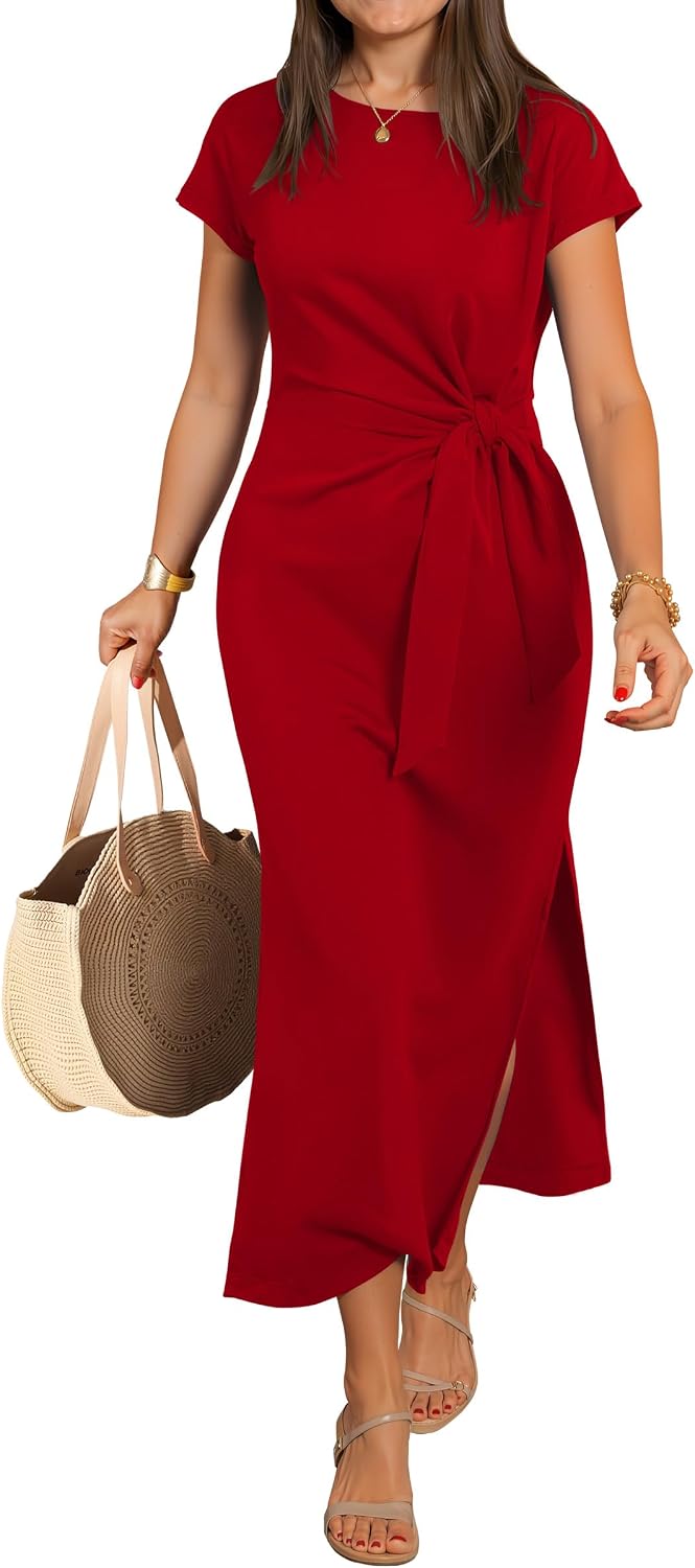 Detalle de ANRABESS Women's Summer Maxi Dress — Slim Fit, Tie Waist, Wrinkle-Free Crew Neck