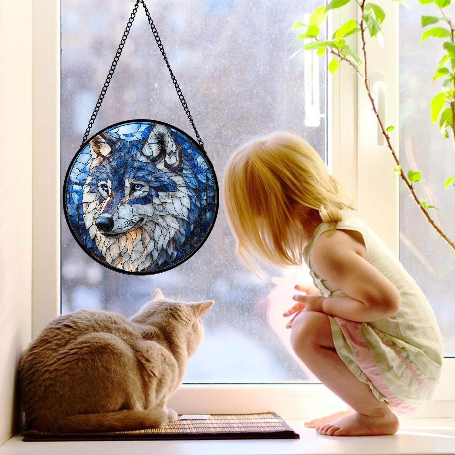 Thumbnail 1 de DASTOLL Blue Wolf Stained Glass Suncatcher, 9.8-Inch Blue and White Glass