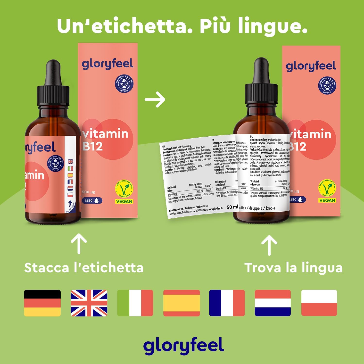 Detalle de Vitamina B12 Gocce 1000 µg al giorno – due forme bioattive (Metilcobalamina e Adenosilcobalamina), vegan