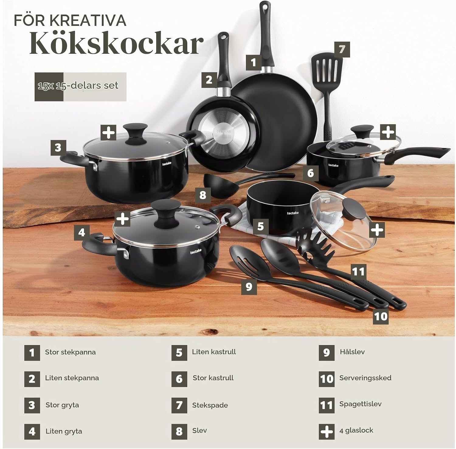 Detalle 2 de tectake 405299 kastrullset, 15 delar med non-stick och glaslock