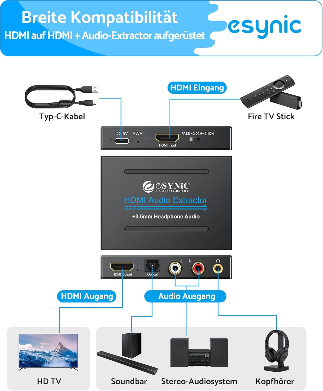 Thumbnail 2 de eSynic Professioneller HDMI-Audio-Extraktor: 4K-HDMI-Adapter mit SPDIF, L/R und 3,5-mm-Ausgang