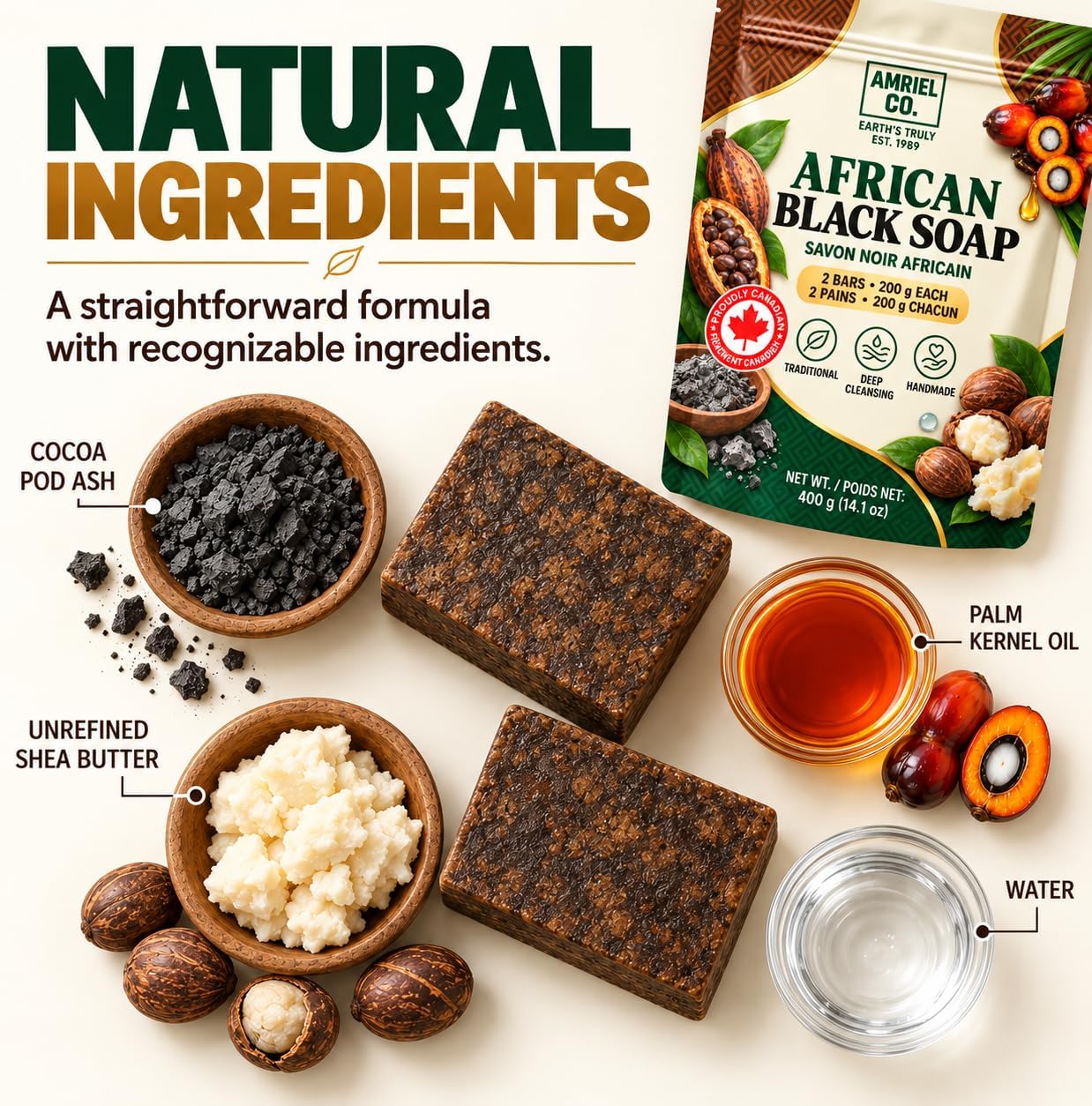 Detalle de Amriel Co African Black Soap, 2 x 200 g Plant-Based Bars
