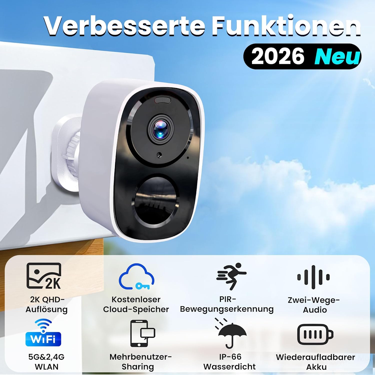 Detalle 2 de HITELLARCAM 2K Außenüberwachungskamera Akku – Dual-Band WLAN, Farb-Nachtsicht, KI-Erkennung, IP66