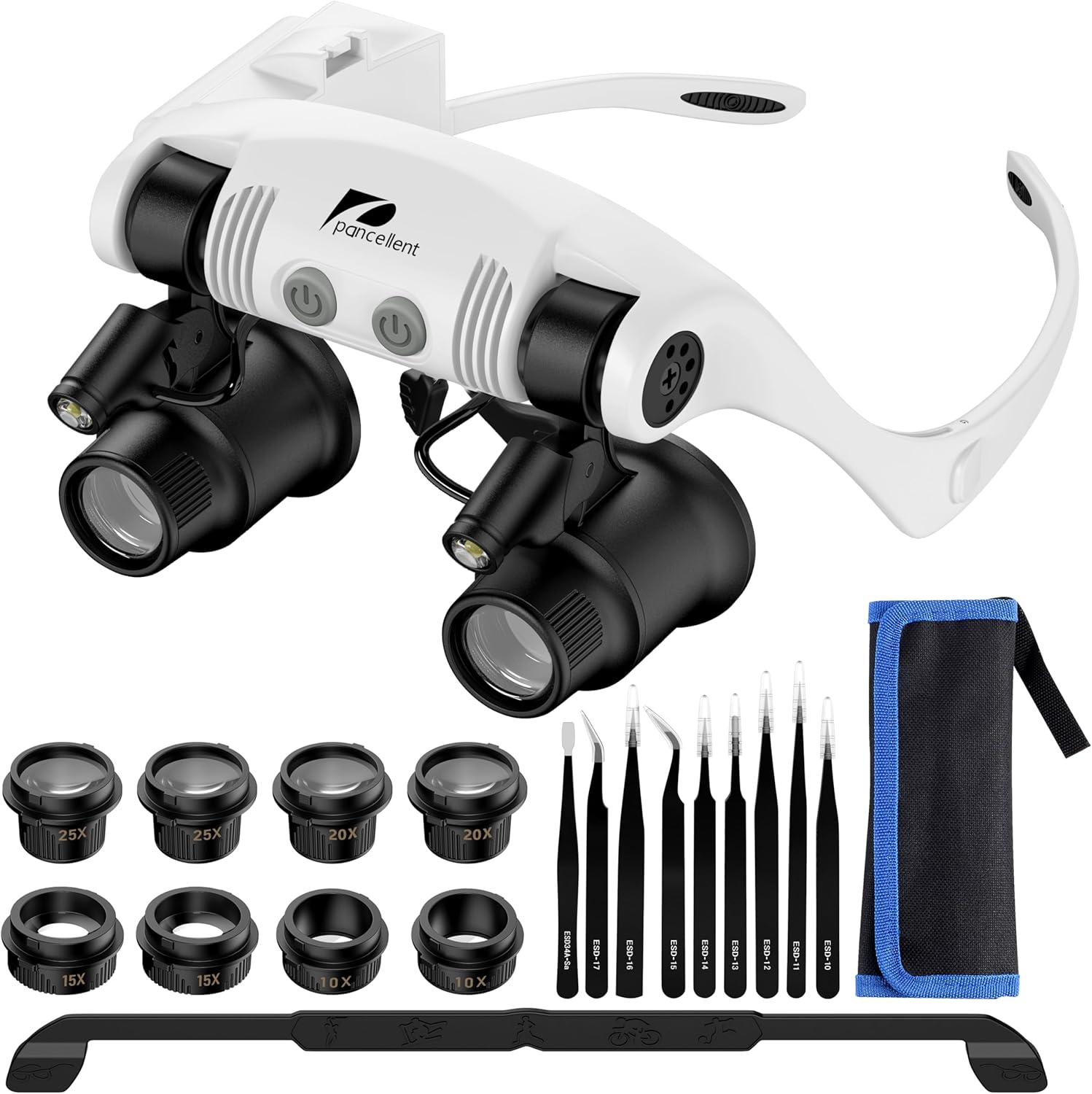Pancellent lente d’ingrandimento per riparazione orologi con 4 lenti staccabili, 2 LED e pinzette di precisione antistatiche