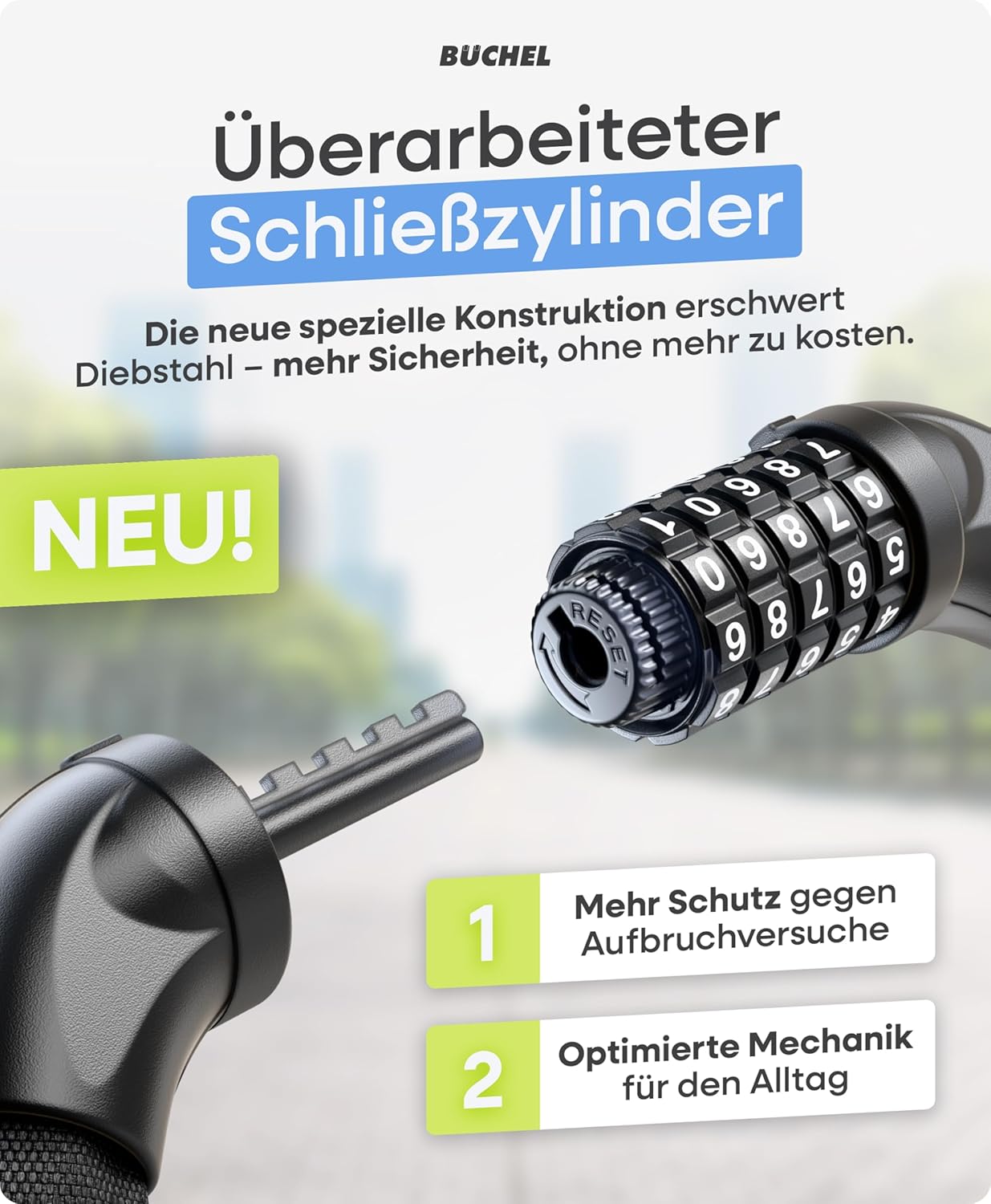 Detalle 2 de Büchel Sekura Fahrradschloss 90 cm mit 5-Zahlen-Code – Kettenschloss für Kinder & Erwachsene