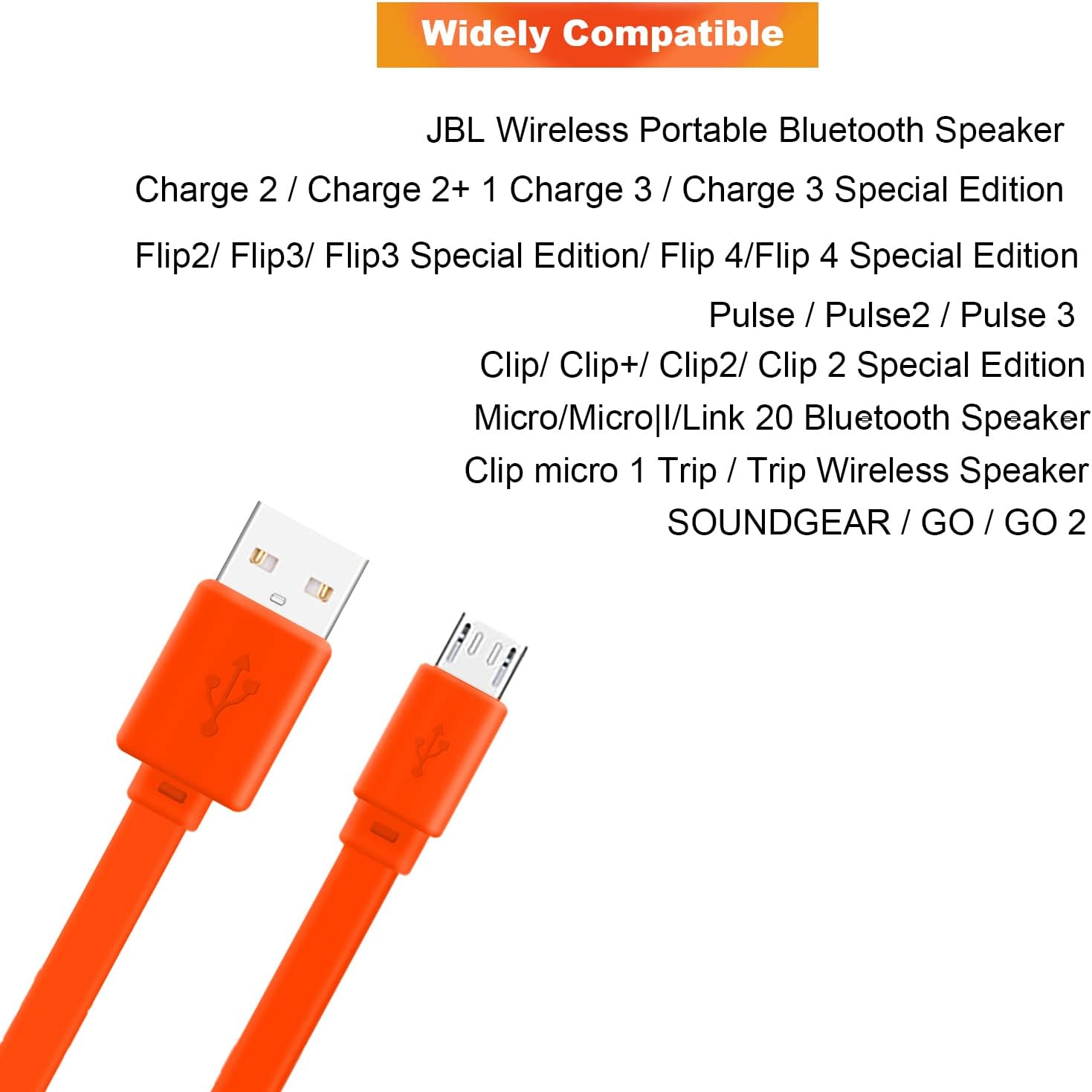 Detalle de Adhiper Micro USB Flachladekabel 1 m – Flachkabel für JBL Flip, Clip, Charge, Go, Pulse, Trip, Tune & UE Boom (Orange)