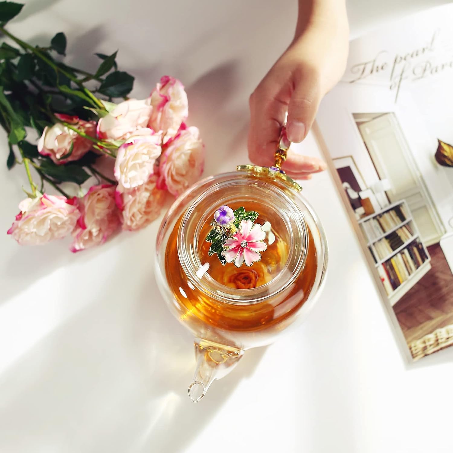 Detalle 1 de Luka Tech 35OZ Enamel Glass Flower Teapot With Removable Loose Tea Leaf Infuser