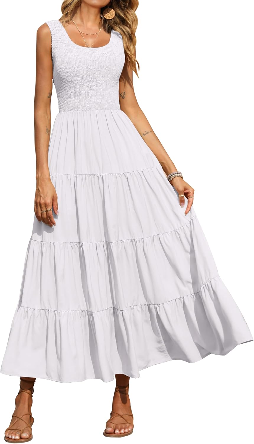 Detalle de PRETTYGARDEN Women's 2026 Casual Loose Maxi Sundress with Smocked Tank and Tiered Design