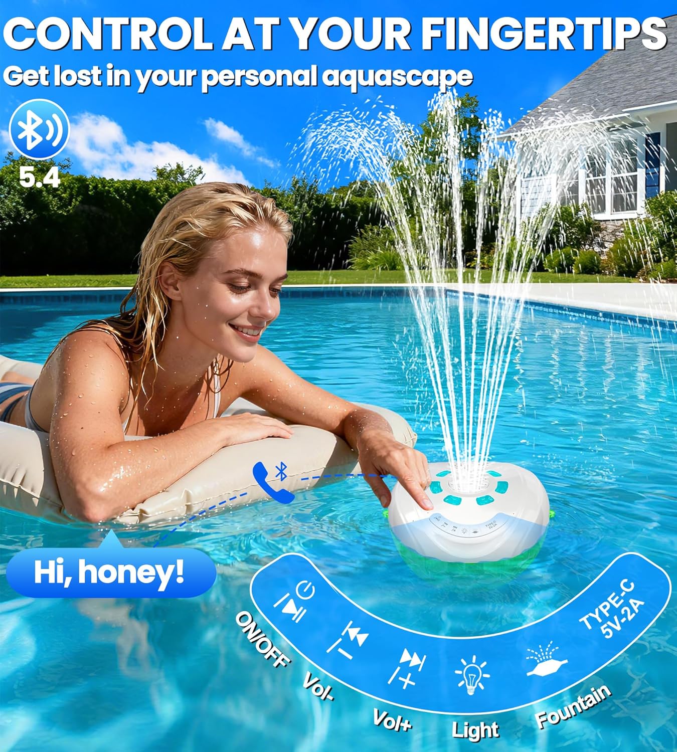 Detalle de Luxfero 3-in-1 Pool-Lautsprecher mit Springbrunnen, Licht und Bluetooth – IP68 Schwimmbox