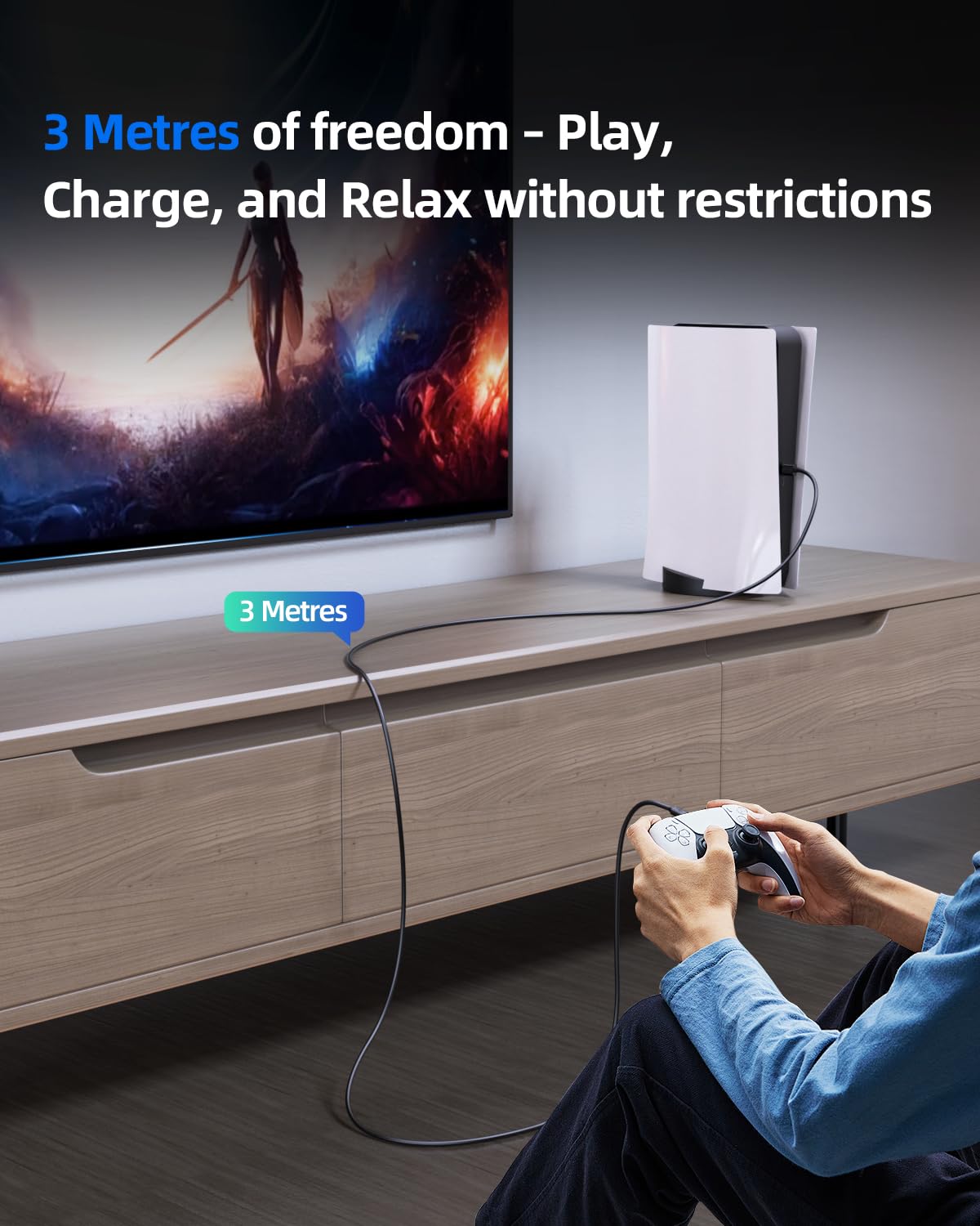 Detalle 2 de Superer 2-Pack 3m USB-C Charging Cables for PS5/PlayStation 5 & More