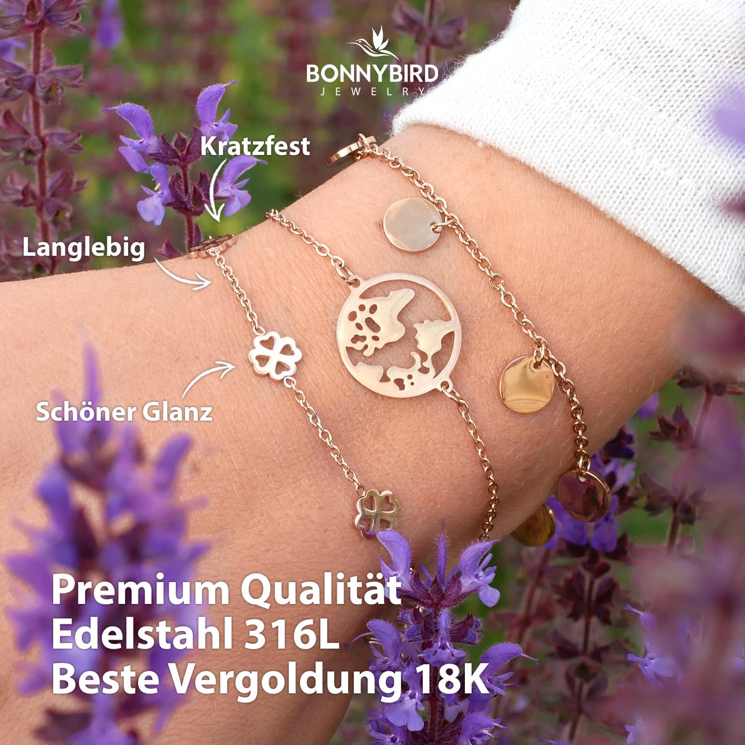 Detalle de BONNYBIRD BonnyBliss Kleeblatt Edelstahl Armband als Glücksbringer zur Prüfung – verstellbar 16–19 cm