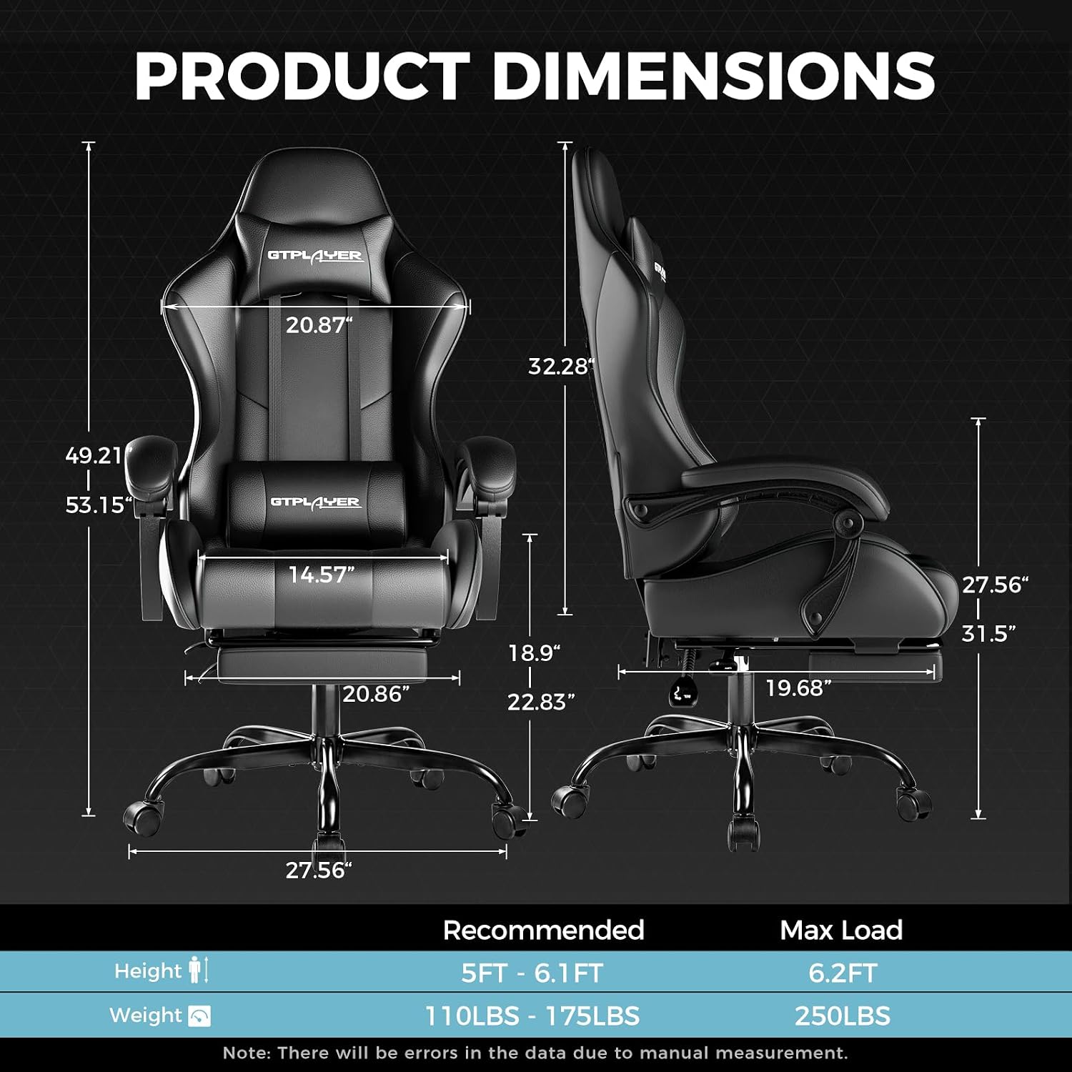 Thumbnail 2 de GTPLAYER Gaming Chair with Footrest, Lumbar Support, Headrest, and Height Adjustment (Black Faux Leather)