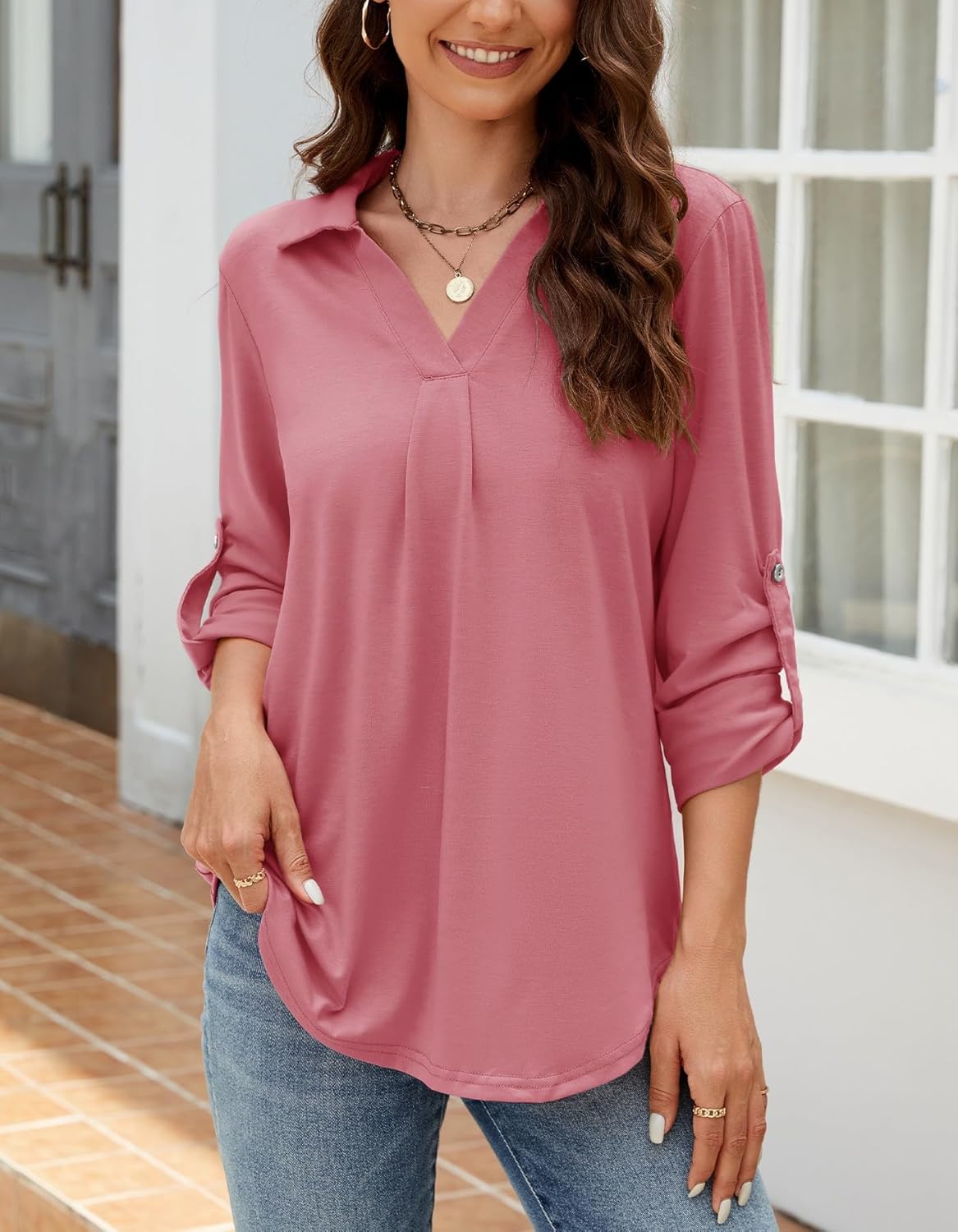 Thumbnail 2 de Odosalii Damen Bluse V-Ausschnitt Hemd Elegant – 3/4 Ärmel, Tunika Longshirt