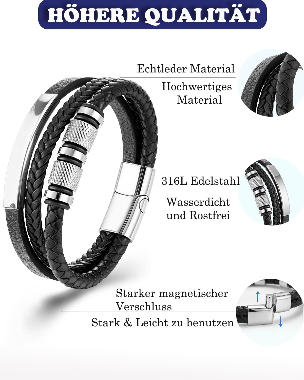 Thumbnail 3 de Armband Herren Leder 21–23 cm Magnetverschluss