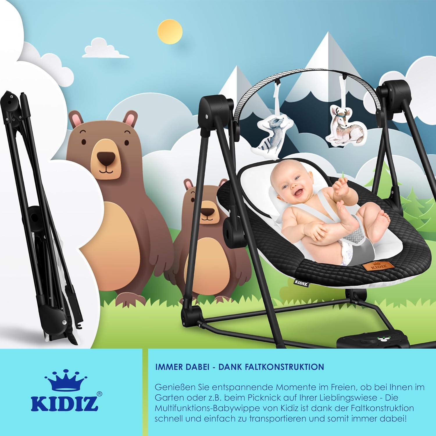 Thumbnail 4 de KIDIZ® Babywippe Babyschaukel mit 5 Geschwindigkeiten – faltbar, mit Spielbogen und Naturgeräuschen (Schwarz)